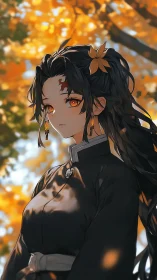 Autumn anime girl in black robe with amber eyes portrait.