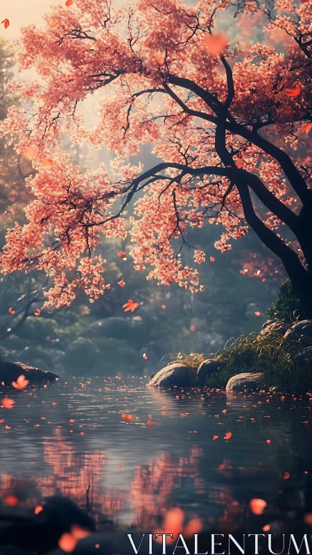 Cherry blossom tree over calm river in soft sunset light.
