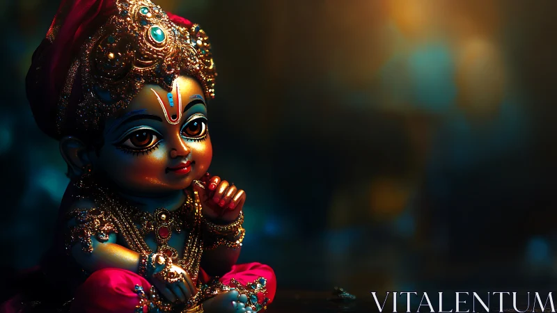 3D devotional idol study with jeweled infant deity focus.