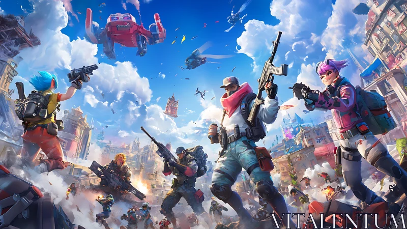 Colorful futuristic squad in chaotic urban battle scene.