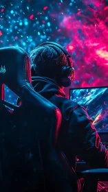 Neon gamer drifts through electric galaxies of pure focus.