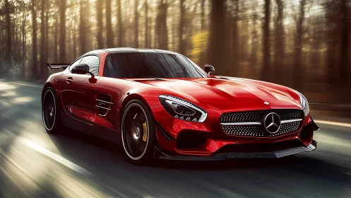 Scarlet supercar slices through forest light at full speed