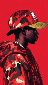 Red camo streetwear figure stands in bold profile view.