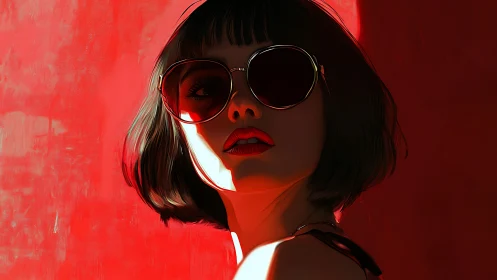 Cinematic digital portrait of woman in sunglasses, red light