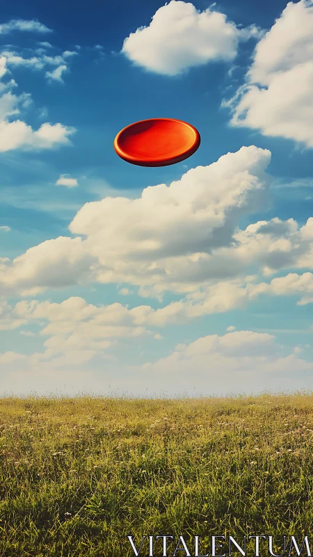 Orange disc levitates in sunlit sky above open grassy field.
