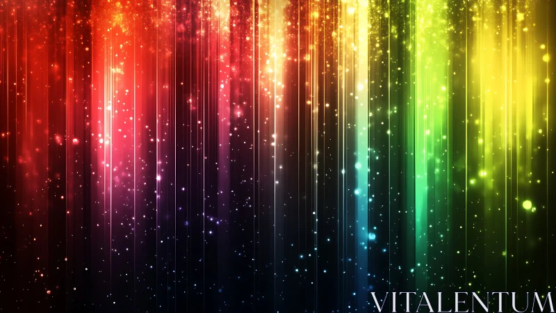 Vertical rainbow light streaks with glowing particle haze.