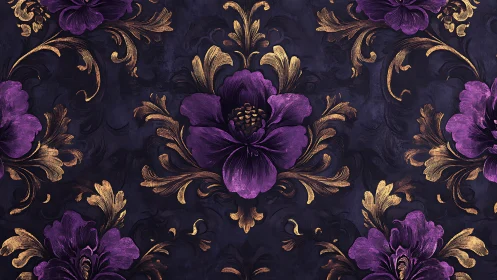 Purple Flowers with Gold Baroque Scrollwork on Dark Background