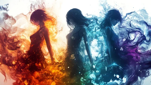 Elemental sisters ignite worlds in swirling spectral flames.