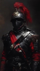 Armored pikeman in black cuirass and red plumes under low key lighting