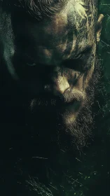 Low-key warrior portrait with directional rim lighting and matte grime