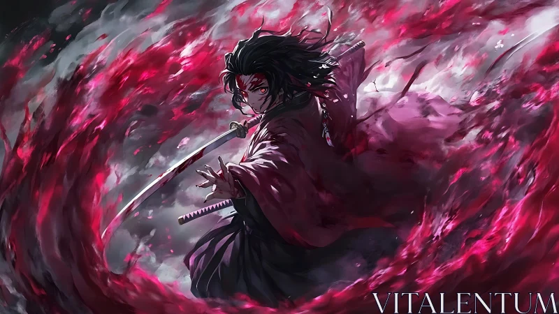 Katana-wielding anime warrior within turbulent crimson vortex.