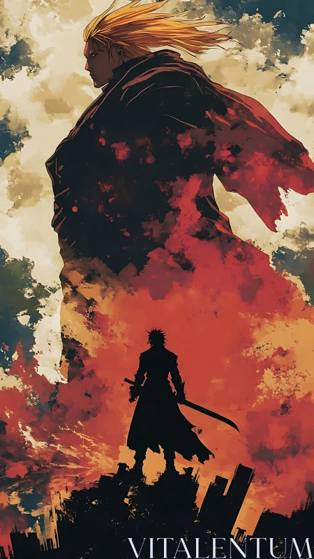 Dramatic anime duel silhouettes against apocalyptic painted sky
