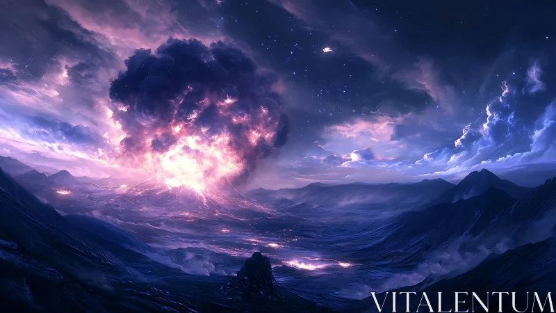 Starlit eruption over a dreamlike nocturnal valley.