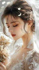Side profile shows digitally rendered bride holding bouquet