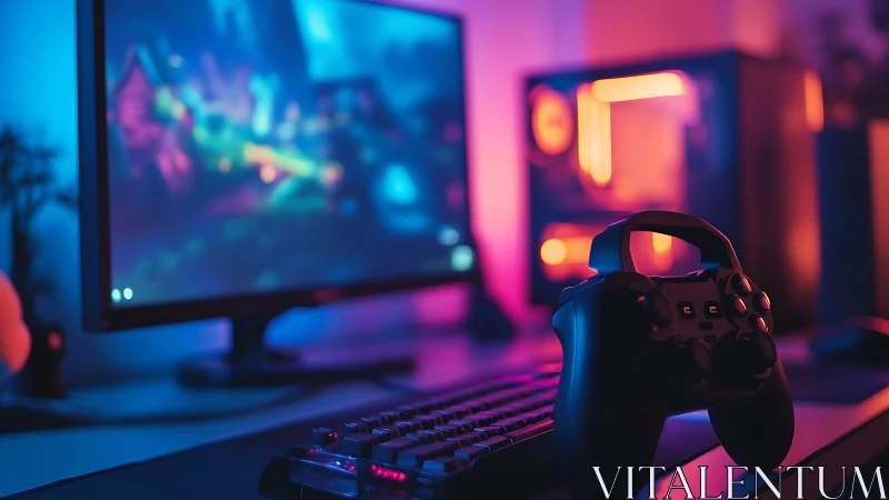 Cozy neon gaming desk glowing with controller and PC.