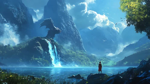 Lone traveler confronts towering dragon by a mystic waterfall.
