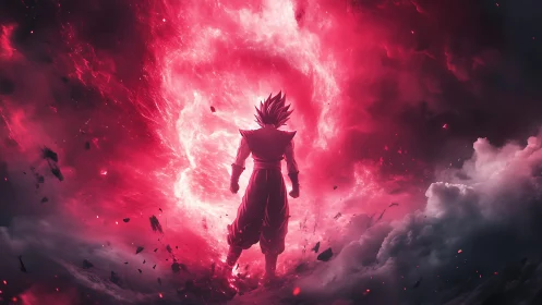 Saiyan warrior commands blazing crimson cosmic vortex.