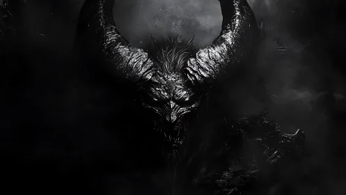 Dark horned demon face emerging from heavy black smoke.