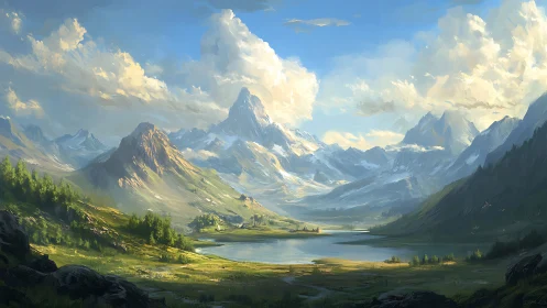 Sunlit mountain valley cradles a calm reflective lake