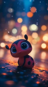 Cartoon ladybug with large eyes on wet city street.