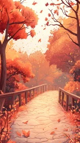 Autumn Forest Pathway with Cascading Falling Leaves and Golden Light