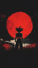 Silhouetted warrior stands before a blazing red moon