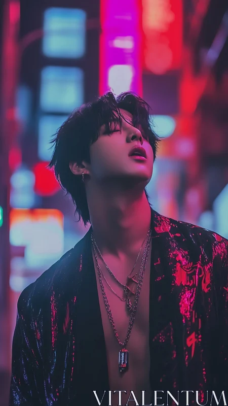 Neon lit city portrait captures moody nightlife allure