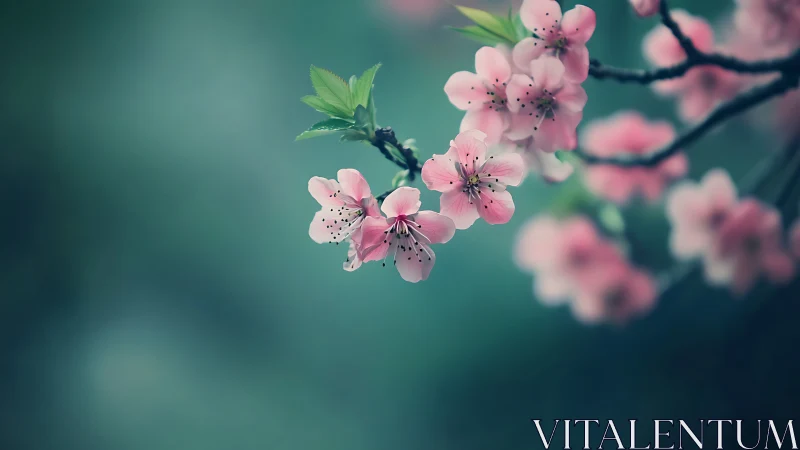 Pink blossoms on branch with teal bokeh background.