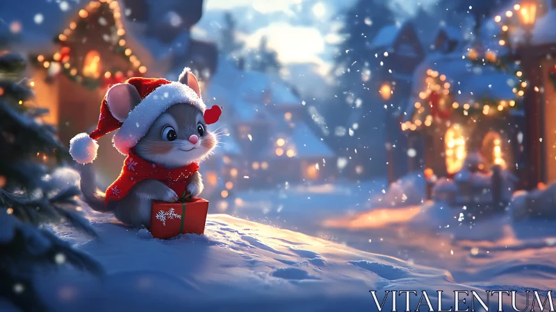 Cozy Christmas mouse with gift in a glowing snowy village.