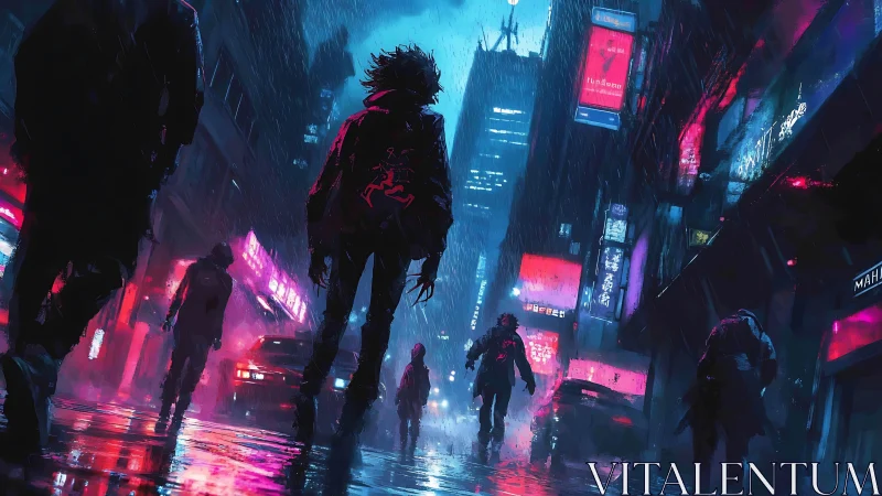 Neon lit night street with silhouettes in heavy rain.