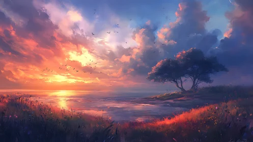 Ember kissed shoreline under stormlit sky of wandering birds.