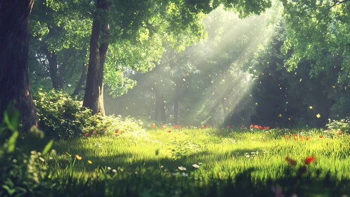 Sunlit forest clearing glows with drifting petals and calm light
