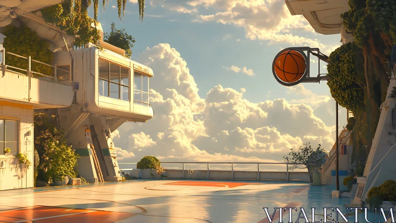 Elevated rooftop court rendered in golden hour lighting with architectural surrealism