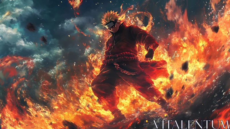 Central figure stands in intense fire with stormy sky backdrop