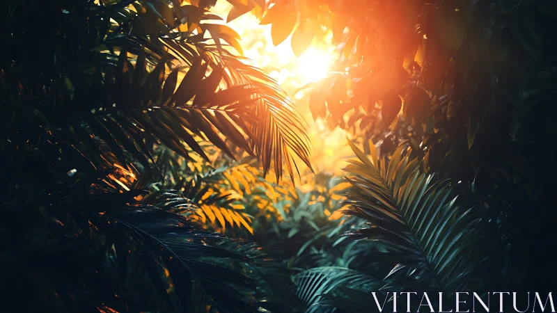 Sunlight penetrates dense tropical foliage in controlled frame