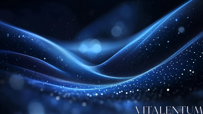 Abstract flowing blue waves with glowing particles digital art.