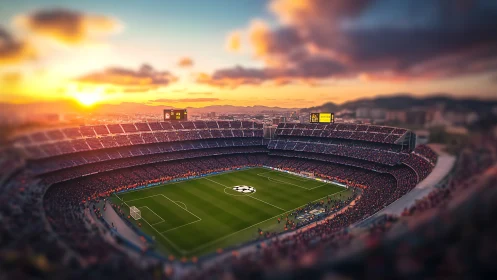 Sunlit football stadium holds packed evening match crowd