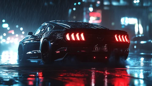 Muscle car taillights glow through neon rain city night.
