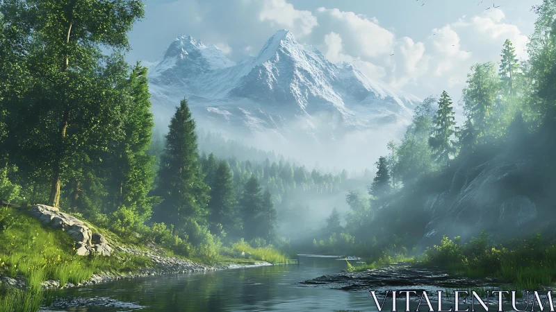 Morning hush in a misty mountain valley by clear river.