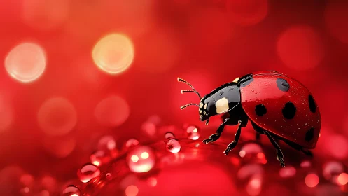 Ladybug strolling across dew drops in a red dreamscape.