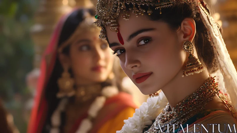 Regal Indian bride gazes back in jeweled temple light.