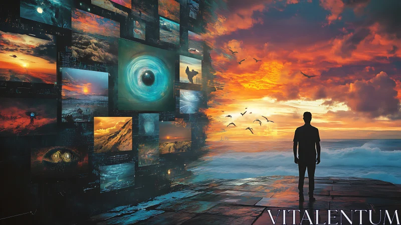 Digital horizon portal meets solitary figure at vivid seascape.