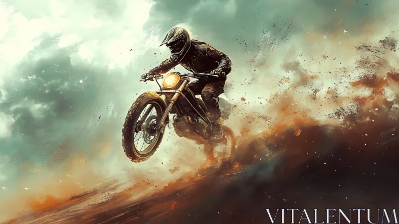 Motorcyclist jumps through swirling dust under storm clouds