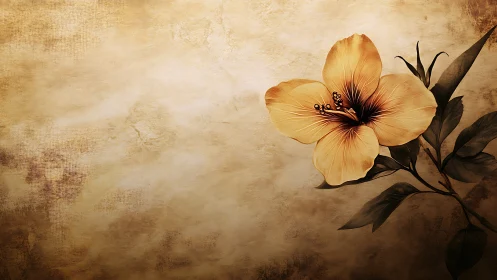 Golden Hibiscus Bloom Against Textured Sepia Canvas.