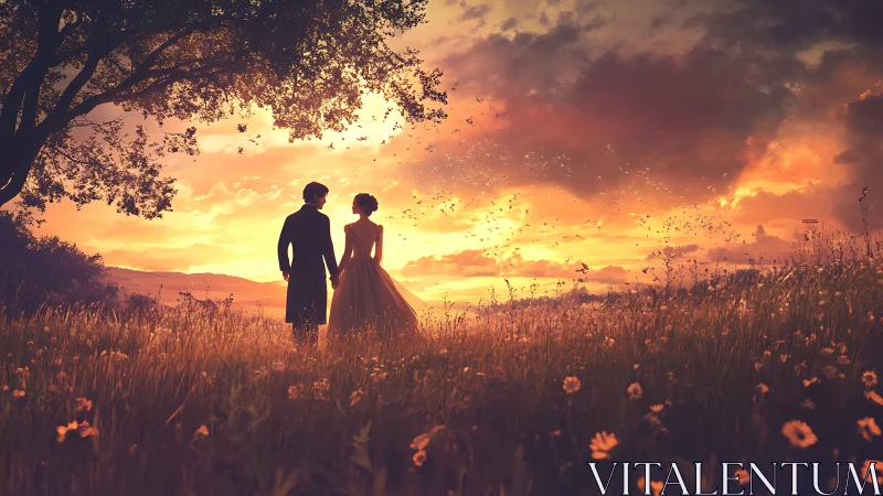 Romantic Couple in Golden Hour Meadow with Butterflies.
