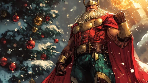 Heroic Santa warrior guards snowlit Christmas tree.