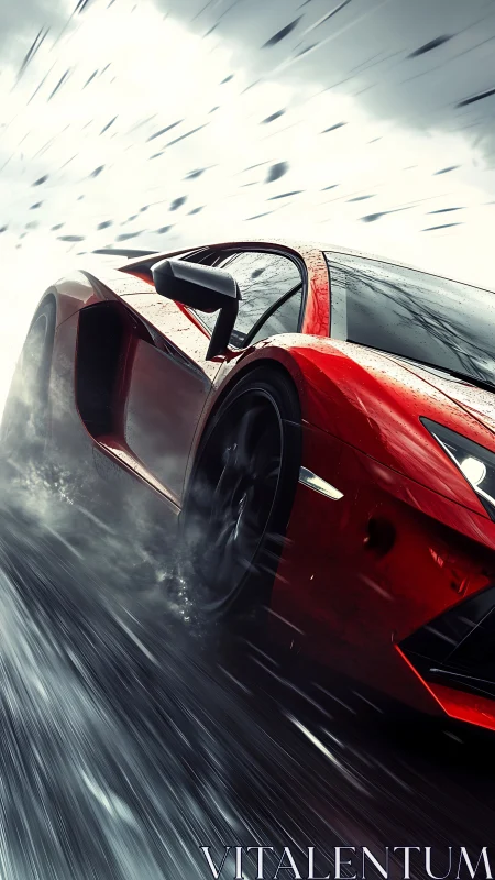 Red supercar slices through rainy highway at extreme speed.
