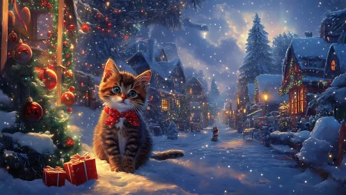 Kitten with red bow anchors a luminous snowy Christmas village