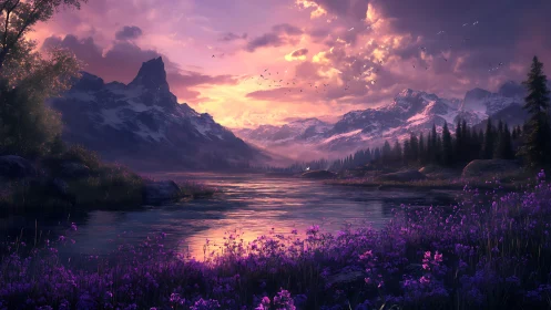 Lavender twilight settles gently over a peaceful mountain lake