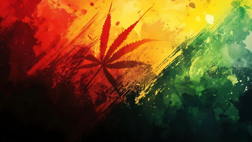 Cannabis leaf silhouette on bold red yellow green paint background.